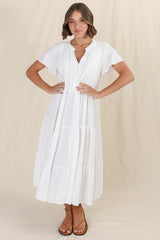 Peggy Midi Dress - Relaxed Mandarin Collar Pleated Bust Tiered Linen Dress in White