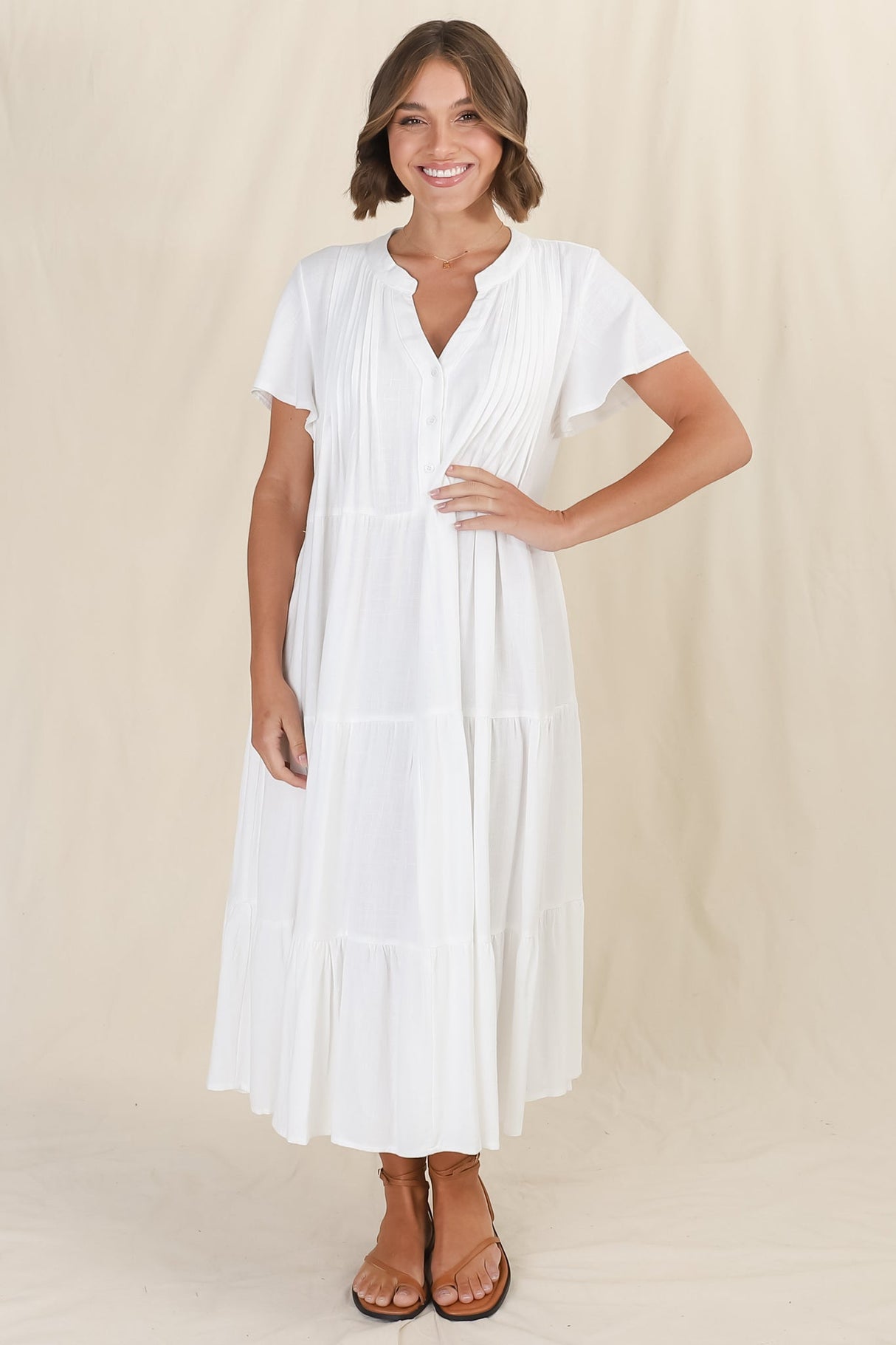 Peggy Midi Dress - Relaxed Mandarin Collar Pleated Bust Tiered Linen Dress in White