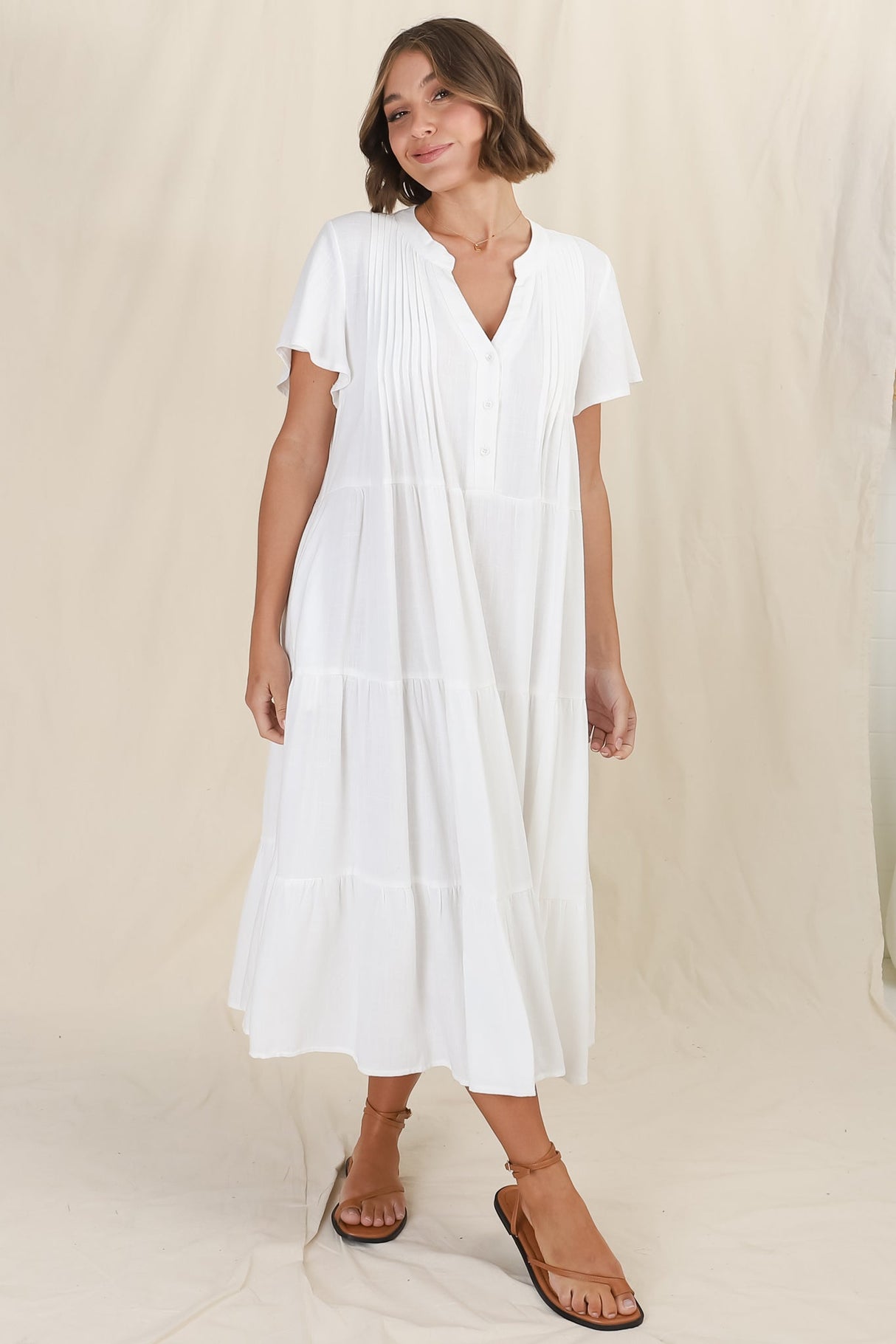 Peggy Midi Dress - Relaxed Mandarin Collar Pleated Bust Tiered Linen Dress in White