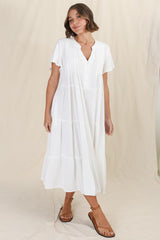 Peggy Midi Dress - Relaxed Mandarin Collar Pleated Bust Tiered Linen Dress in White