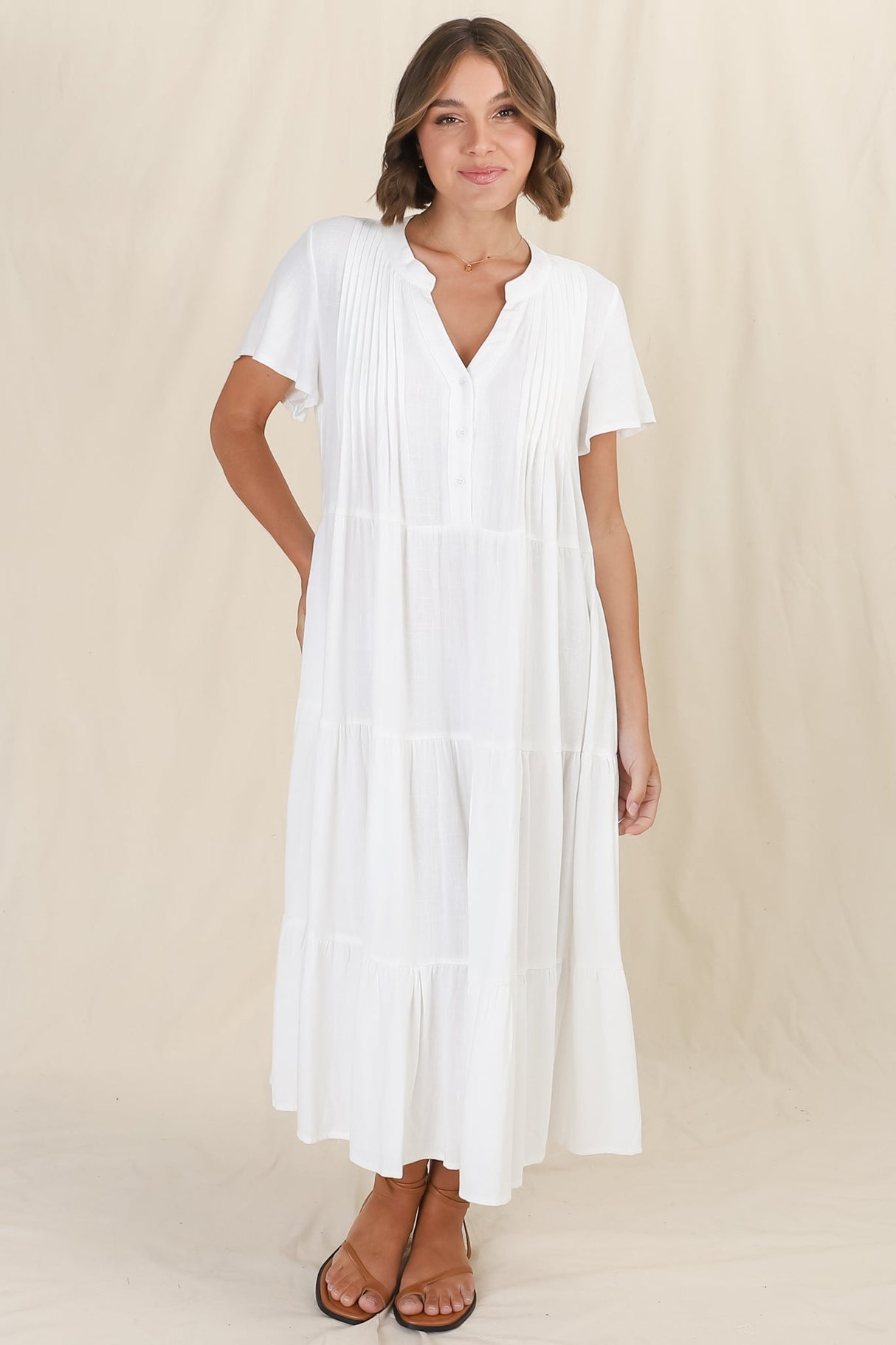 Peggy Midi Dress - Relaxed Mandarin Collar Pleated Bust Tiered Linen Dress in White