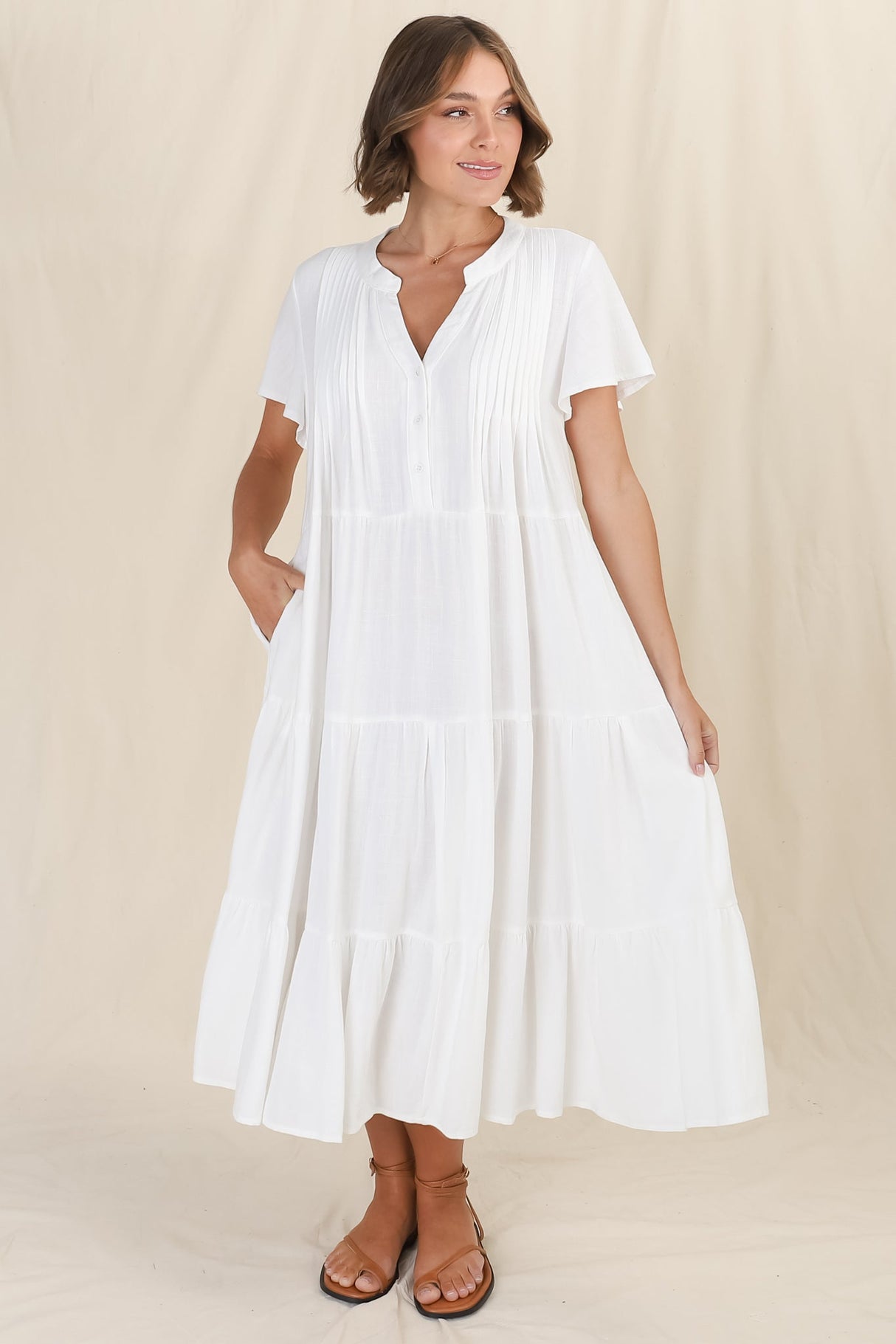 Peggy Midi Dress - Relaxed Mandarin Collar Pleated Bust Tiered Linen Dress in White