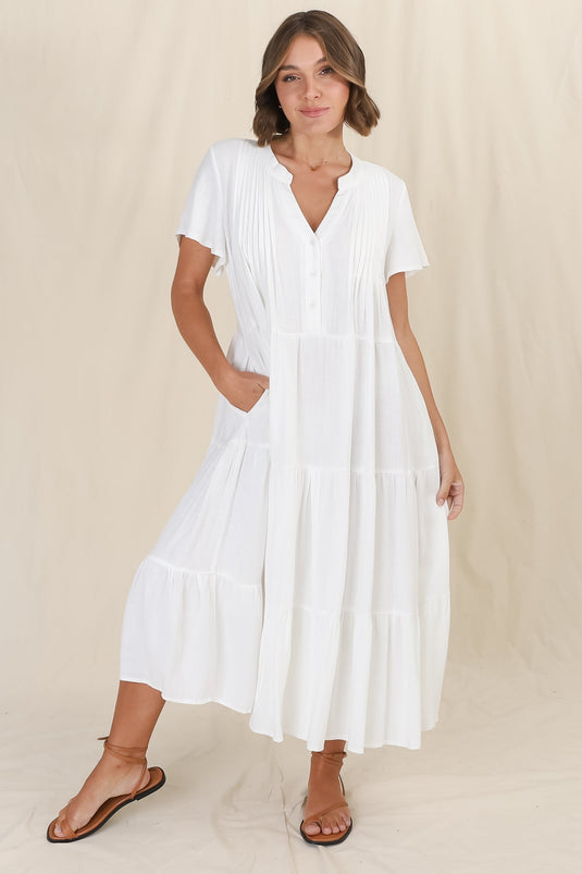 Peggy Midi Dress - Relaxed Mandarin Collar Pleated Bust Tiered Linen Dress in White