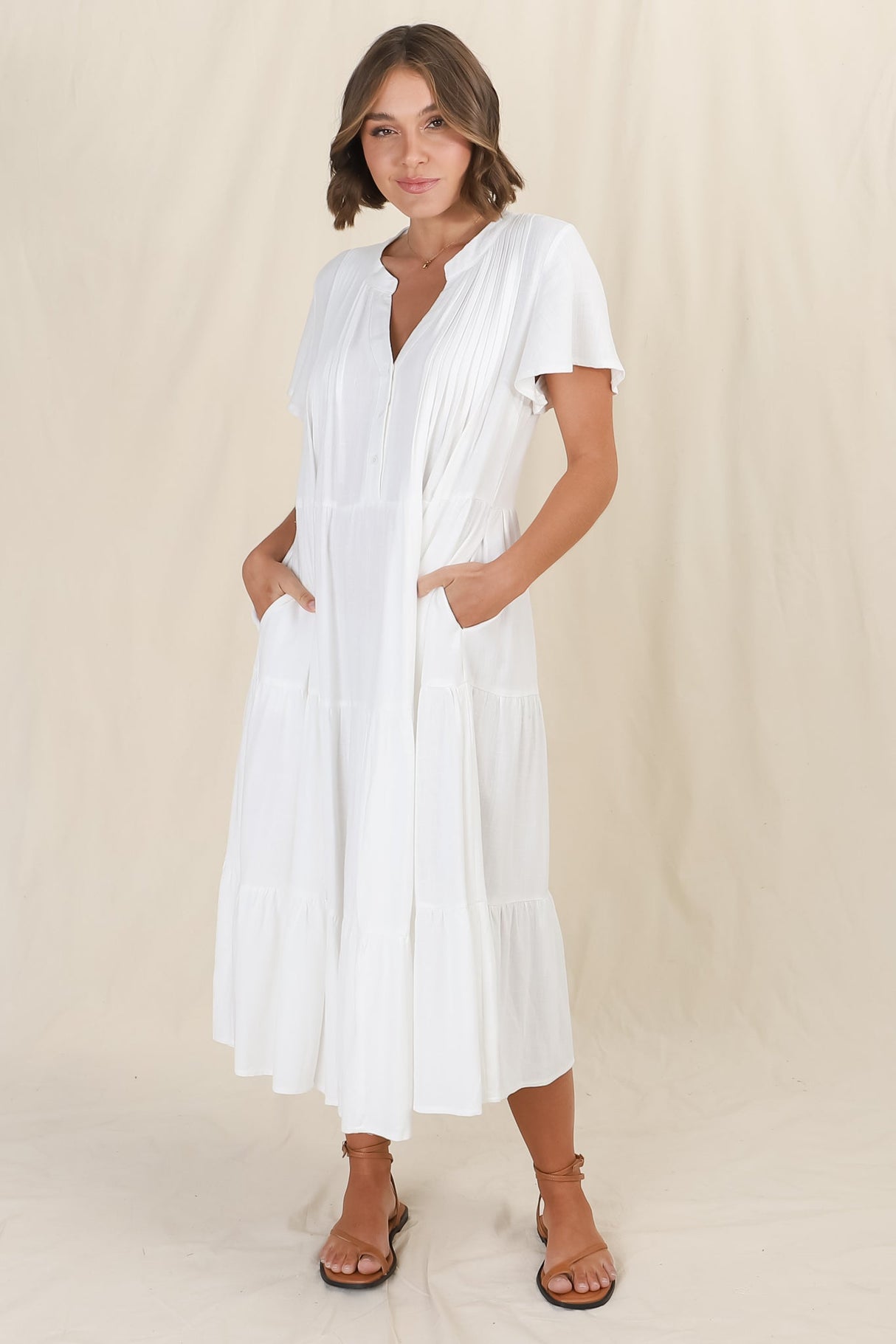 Peggy Midi Dress - Relaxed Mandarin Collar Pleated Bust Tiered Linen Dress in White