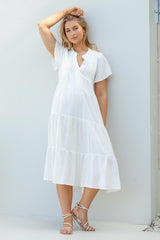 Peggy Midi Dress - Relaxed Mandarin Collar Pleated Bust Tiered Linen Dress in White