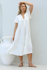 Peggy Midi Dress - Relaxed Mandarin Collar Pleated Bust Tiered Linen Dress in White