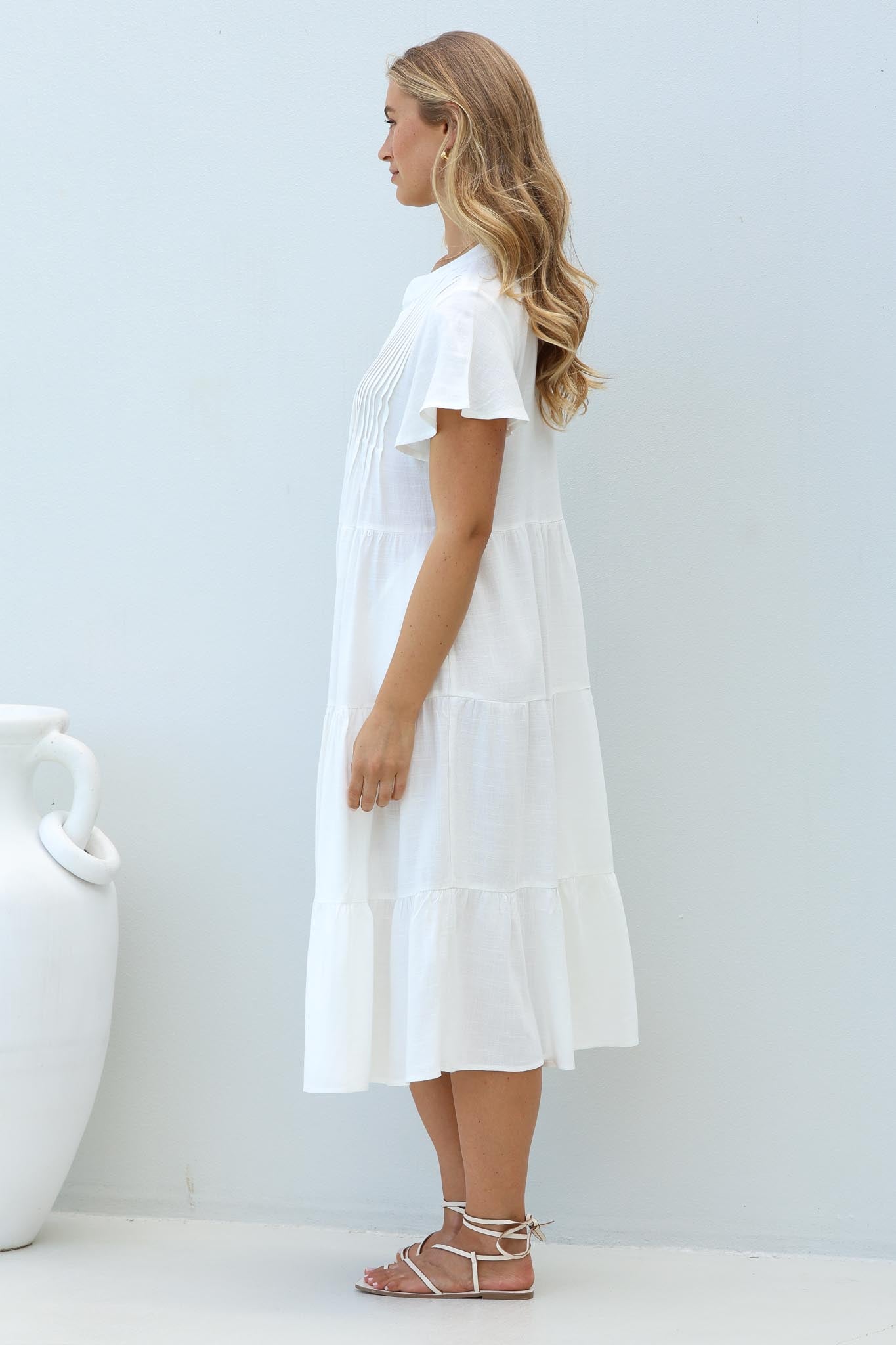 Peggy Midi Dress - Relaxed Mandarin Collar Pleated Bust Tiered Linen Dress in White