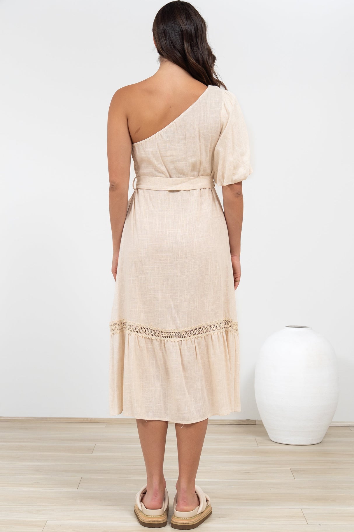 Penelope Midi Dress - Asymmetric One Shoulder Dress with Matching Belt in Oatmeal