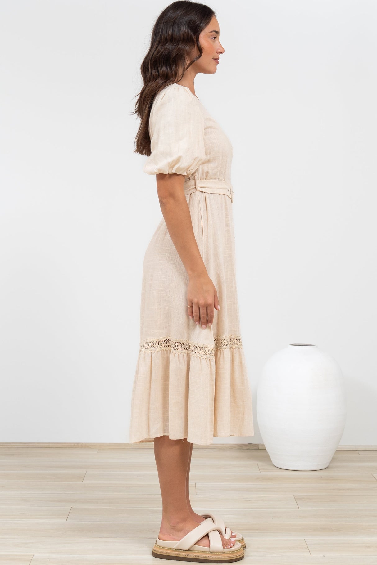 Penelope Midi Dress - Asymmetric One Shoulder Dress with Matching Belt in Oatmeal