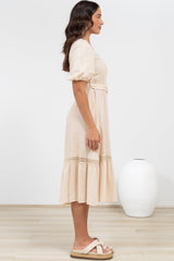 Penelope Midi Dress - Asymmetric One Shoulder Dress with Matching Belt in Oatmeal