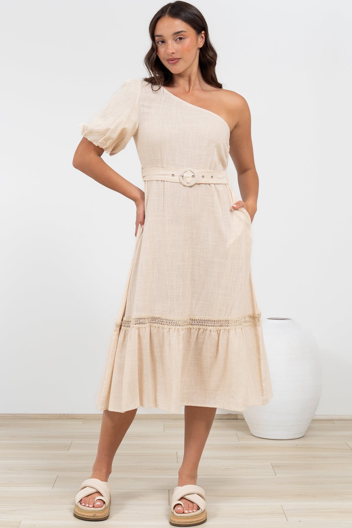 Penelope Midi Dress - Asymmetric One Shoulder Dress with Matching Belt in Oatmeal