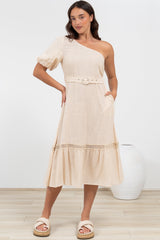 Penelope Midi Dress - Asymmetric One Shoulder Dress with Matching Belt in Oatmeal