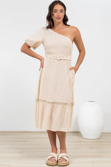 Penelope Midi Dress - Asymmetric One Shoulder Dress with Matching Belt in Oatmeal