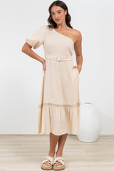 Penelope Midi Dress - Asymmetric One Shoulder Dress with Matching Belt in Oatmeal