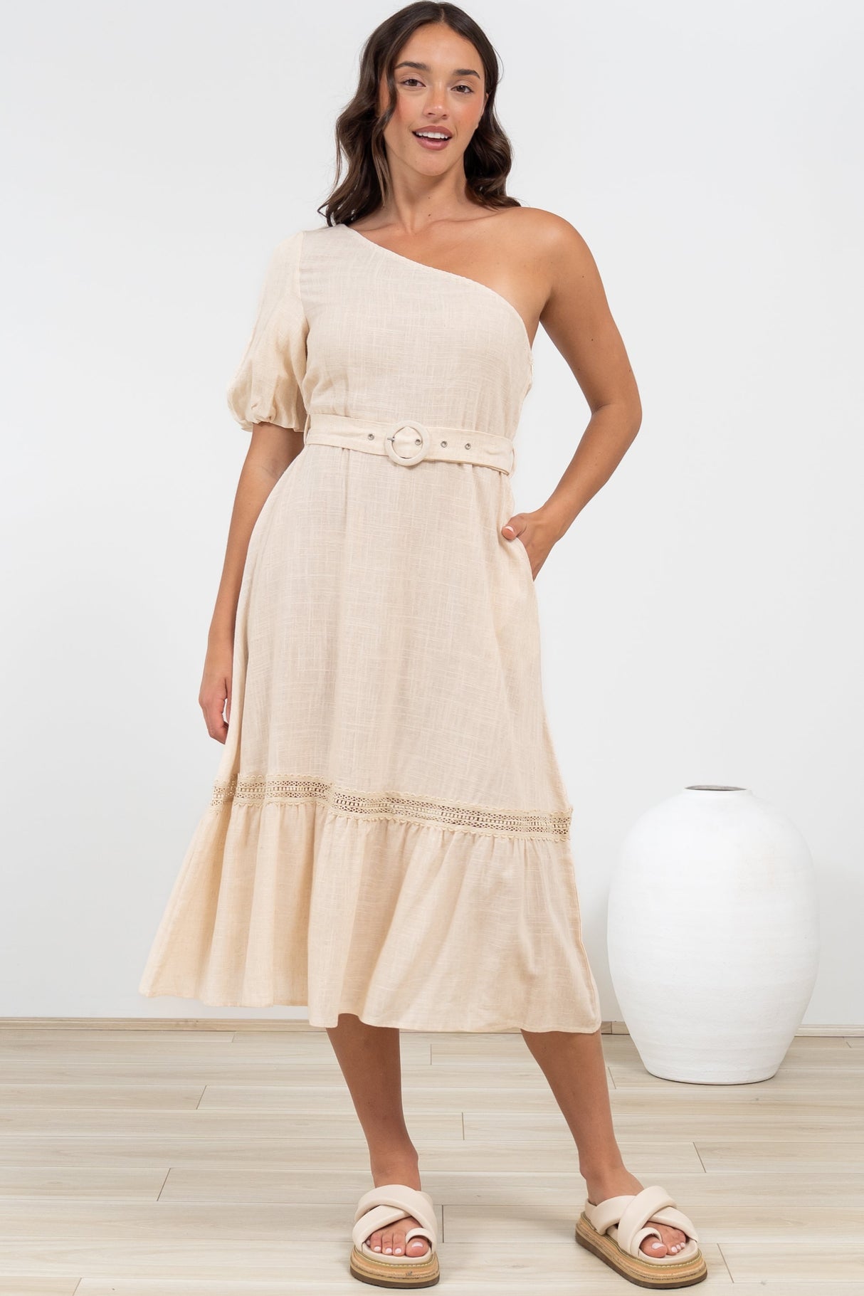 Penelope Midi Dress - Asymmetric One Shoulder Dress with Matching Belt in Oatmeal