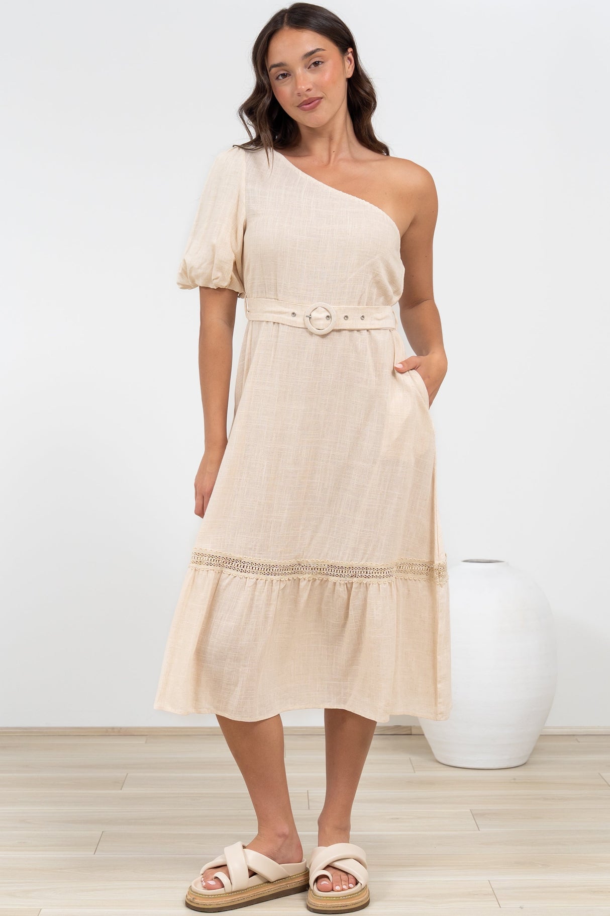 Penelope Midi Dress - Asymmetric One Shoulder Dress with Matching Belt in Oatmeal