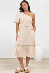 Penelope Midi Dress - Asymmetric One Shoulder Dress with Matching Belt in Oatmeal