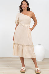 Penelope Midi Dress - Asymmetric One Shoulder Dress with Matching Belt in Oatmeal