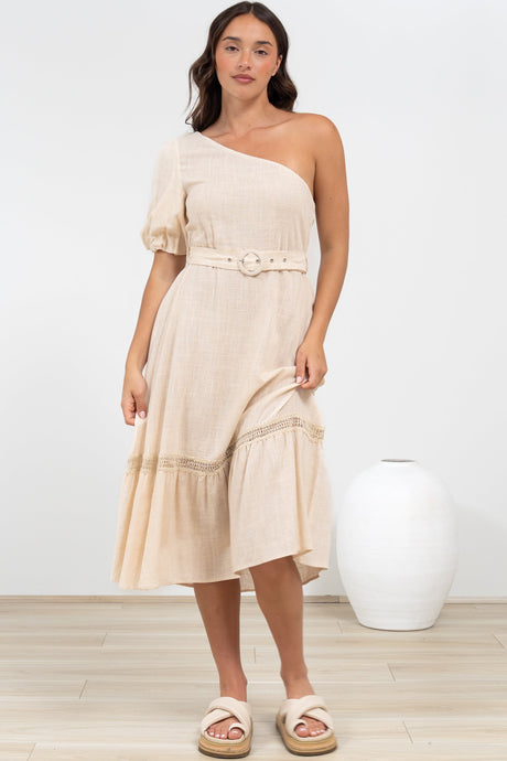 Penelope Midi Dress - Asymmetric One Shoulder Dress with Matching Belt in Oatmeal