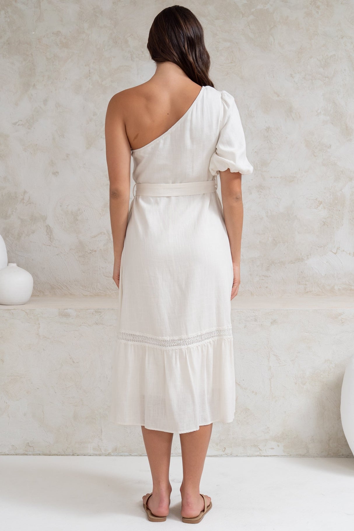 Penelope Midi Dress - Asymmetric One Shoulder Dress with Matching Belt in White