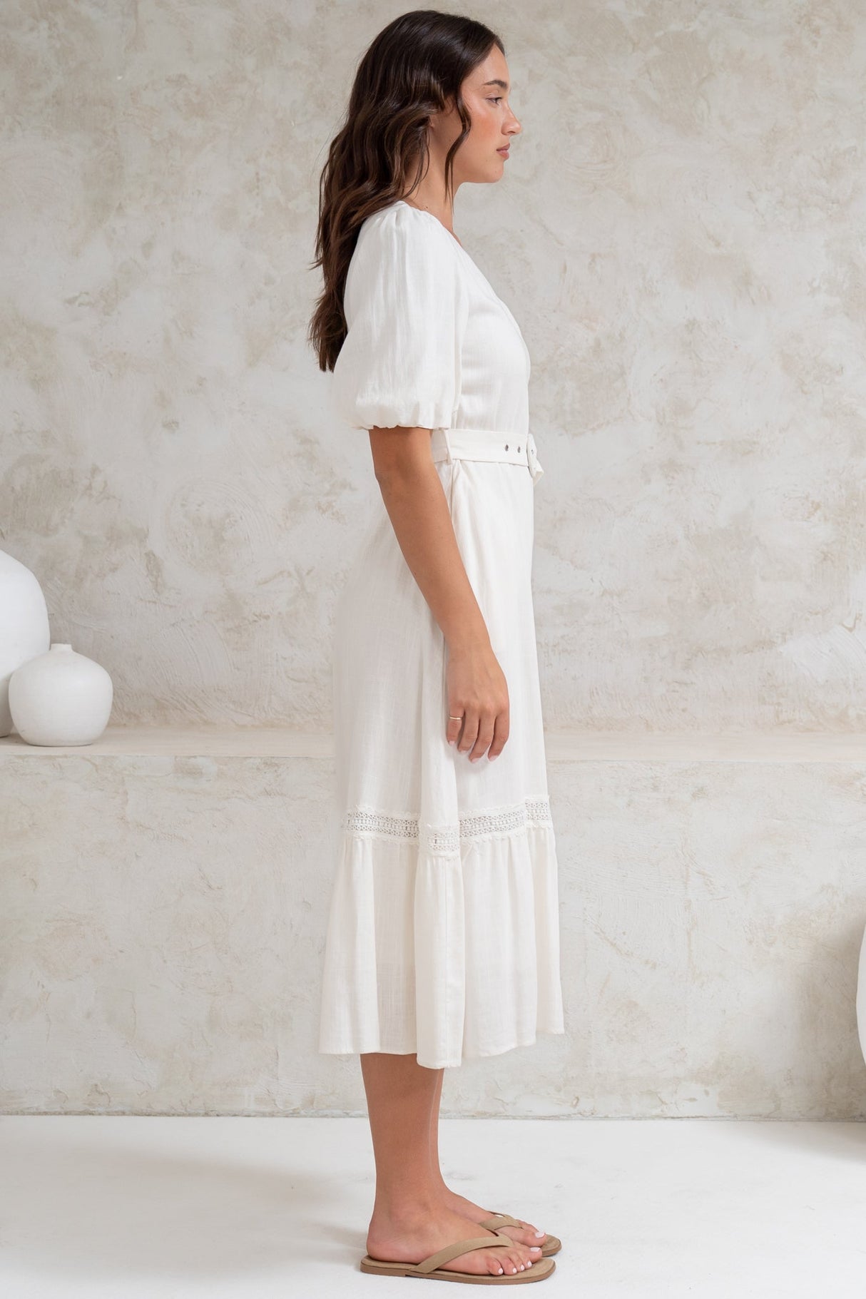 Penelope Midi Dress - Asymmetric One Shoulder Dress with Matching Belt in White