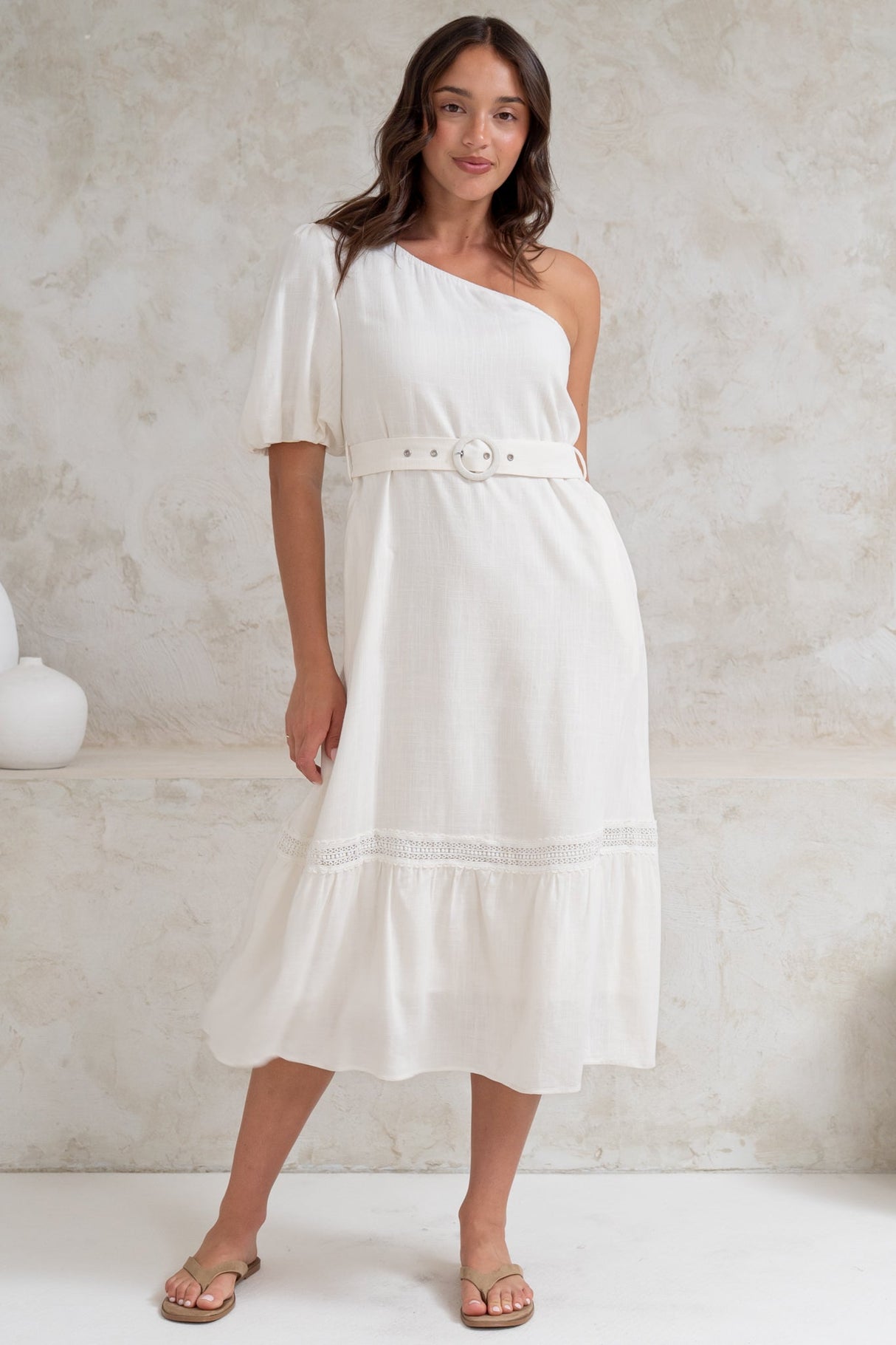 Penelope Midi Dress - Asymmetric One Shoulder Dress with Matching Belt in White