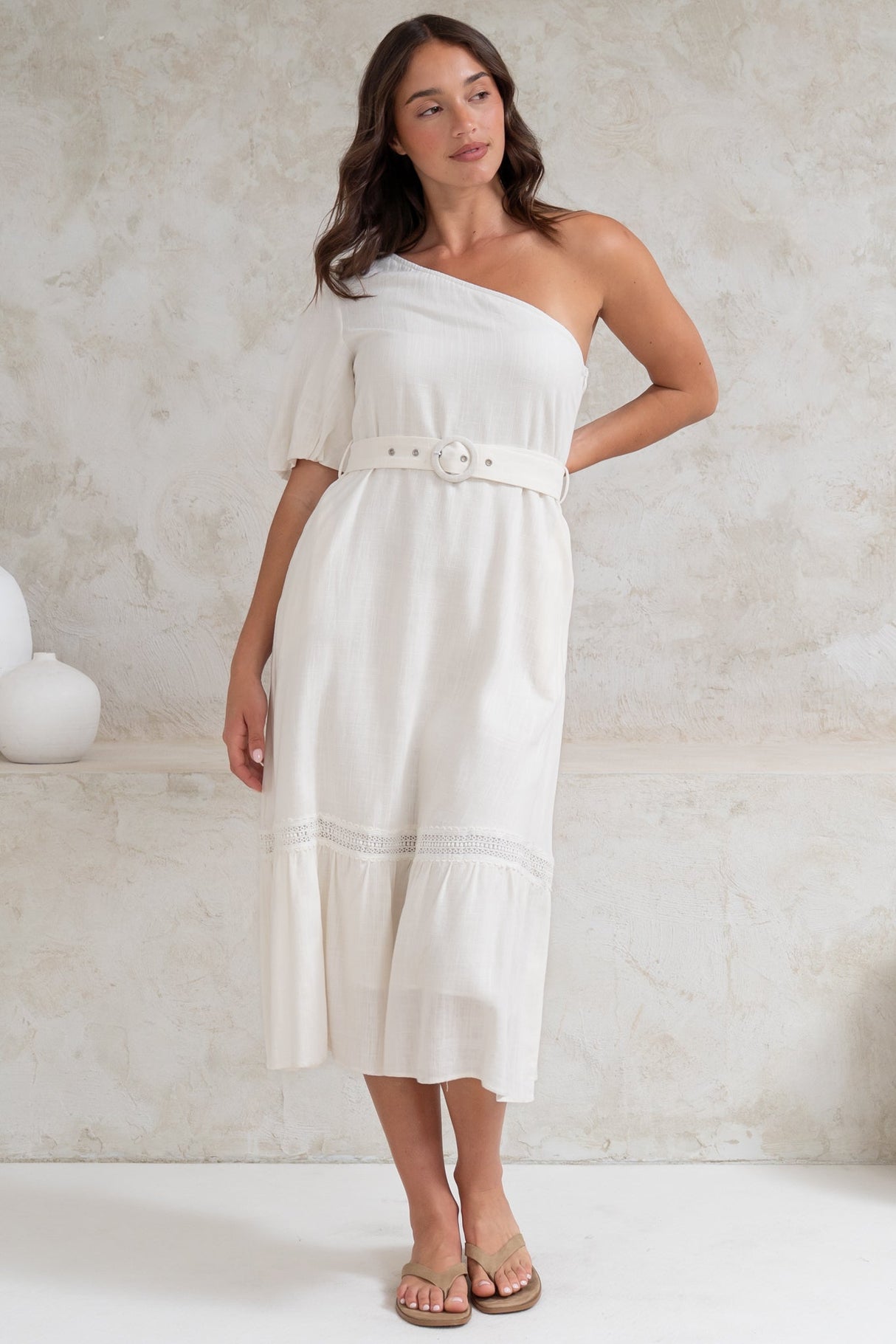 Penelope Midi Dress - Asymmetric One Shoulder Dress with Matching Belt in White