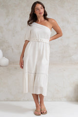 Penelope Midi Dress - Asymmetric One Shoulder Dress with Matching Belt in White