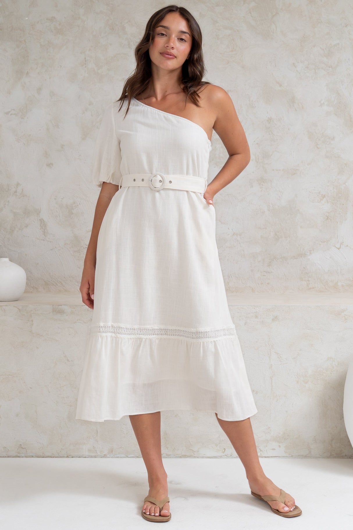 Penelope Midi Dress - Asymmetric One Shoulder Dress with Matching Belt in White