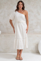 Penelope Midi Dress - Asymmetric One Shoulder Dress with Matching Belt in White