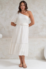 Penelope Midi Dress - Asymmetric One Shoulder Dress with Matching Belt in White