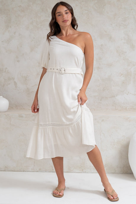 Penelope Midi Dress - Asymmetric One Shoulder Dress with Matching Belt in White