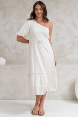 Penelope Midi Dress - Asymmetric One Shoulder Dress with Matching Belt in White