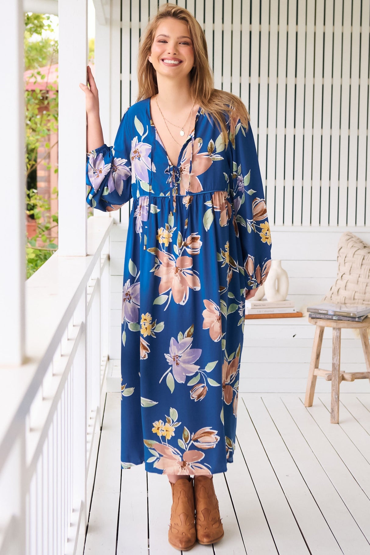 JAASE - Penny Midi Dress: Double Neck Tie Smock Dress in Georgia Blue Print