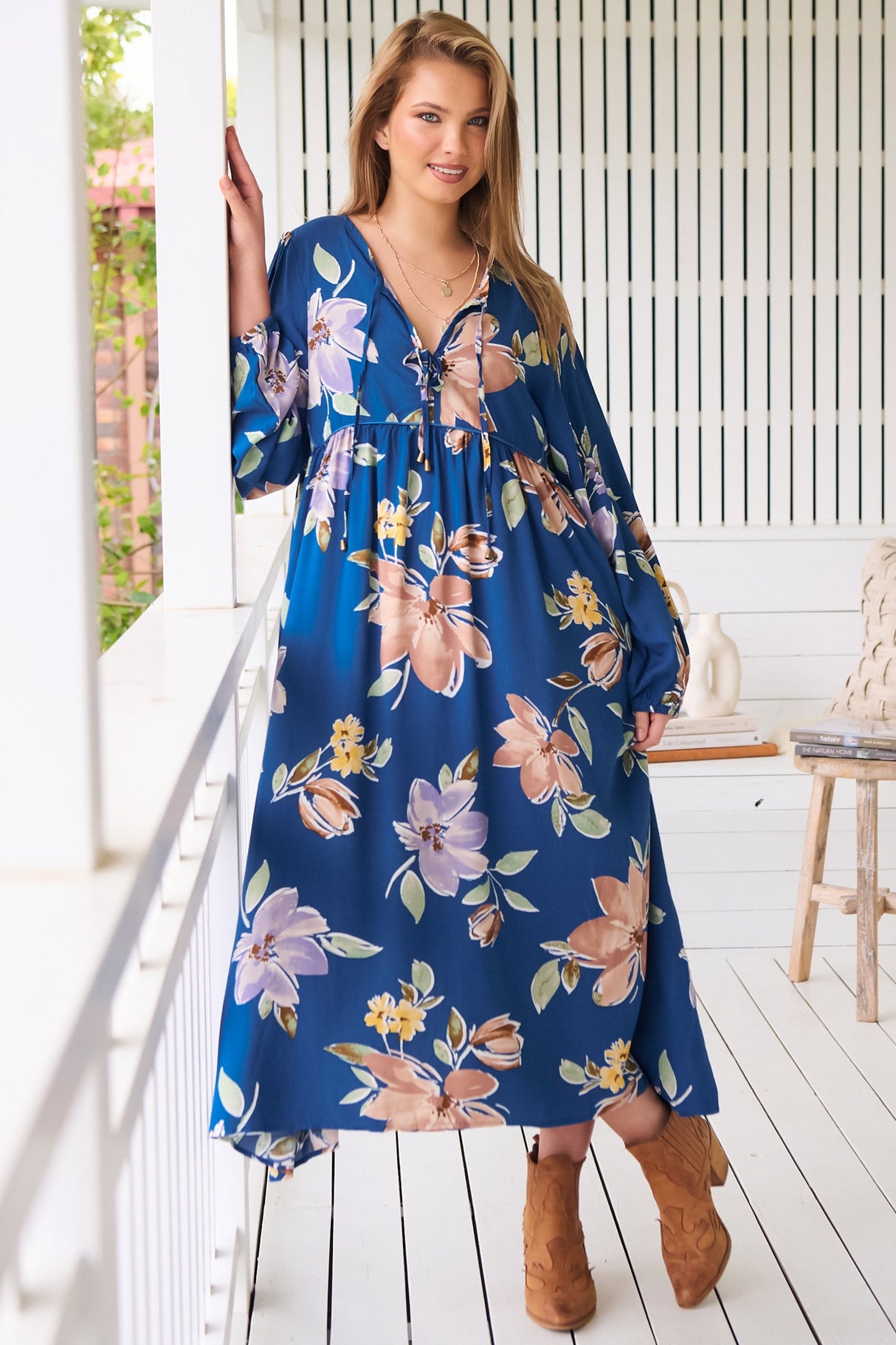 JAASE - Penny Midi Dress: Double Neck Tie Smock Dress in Georgia Blue Print