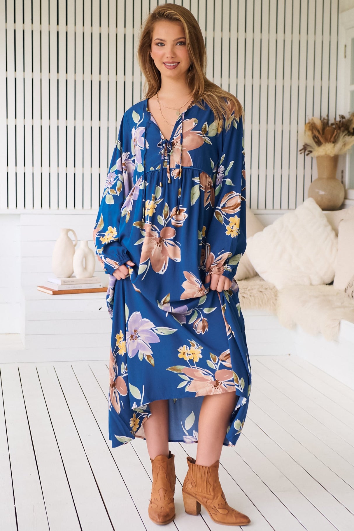 JAASE - Penny Midi Dress: Double Neck Tie Smock Dress in Georgia Blue Print