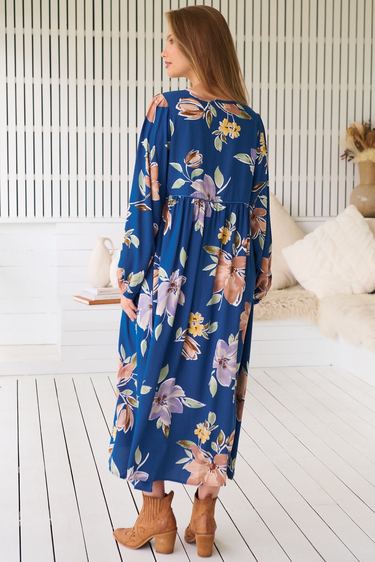 JAASE - Penny Midi Dress: Double Neck Tie Smock Dress in Georgia Blue Print