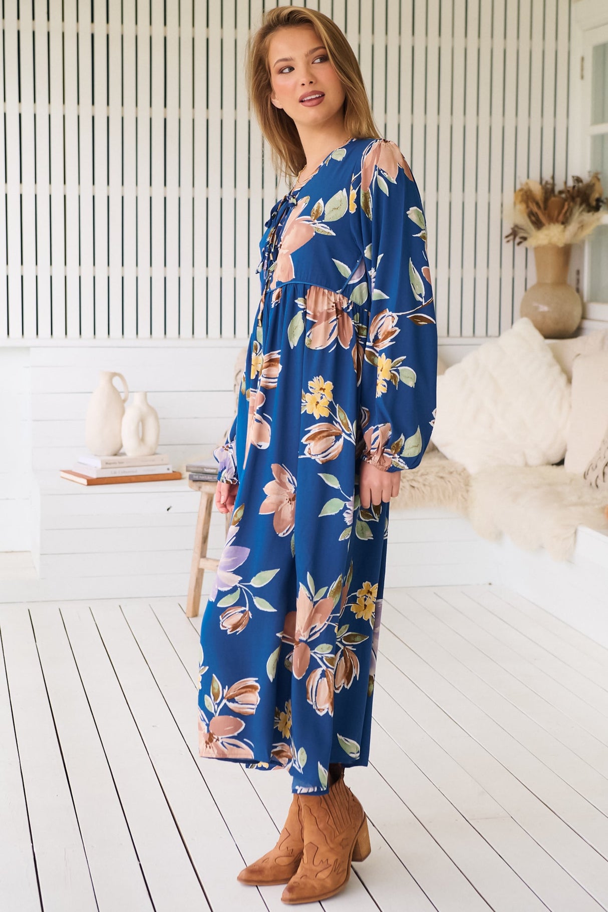 JAASE - Penny Midi Dress: Double Neck Tie Smock Dress in Georgia Blue Print