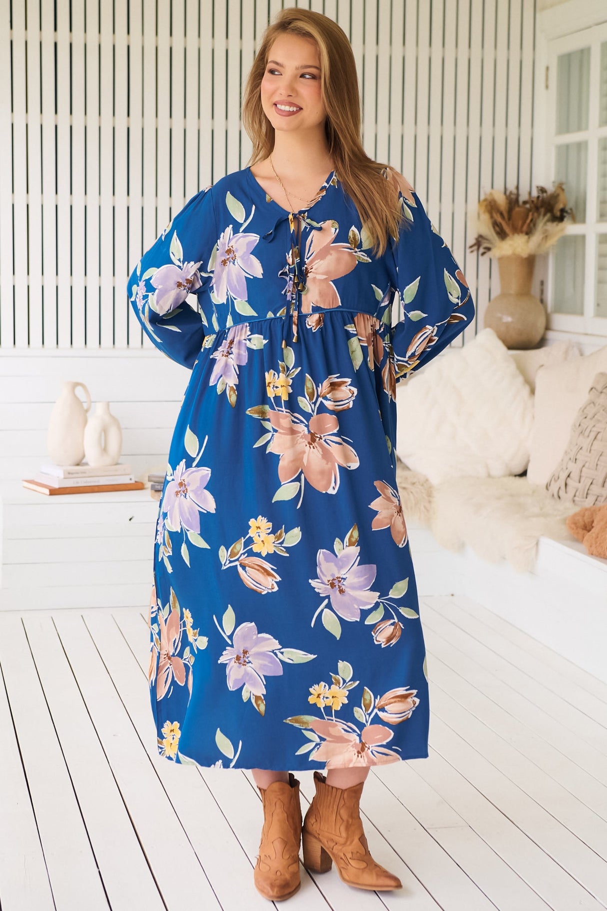 JAASE - Penny Midi Dress: Double Neck Tie Smock Dress in Georgia Blue Print