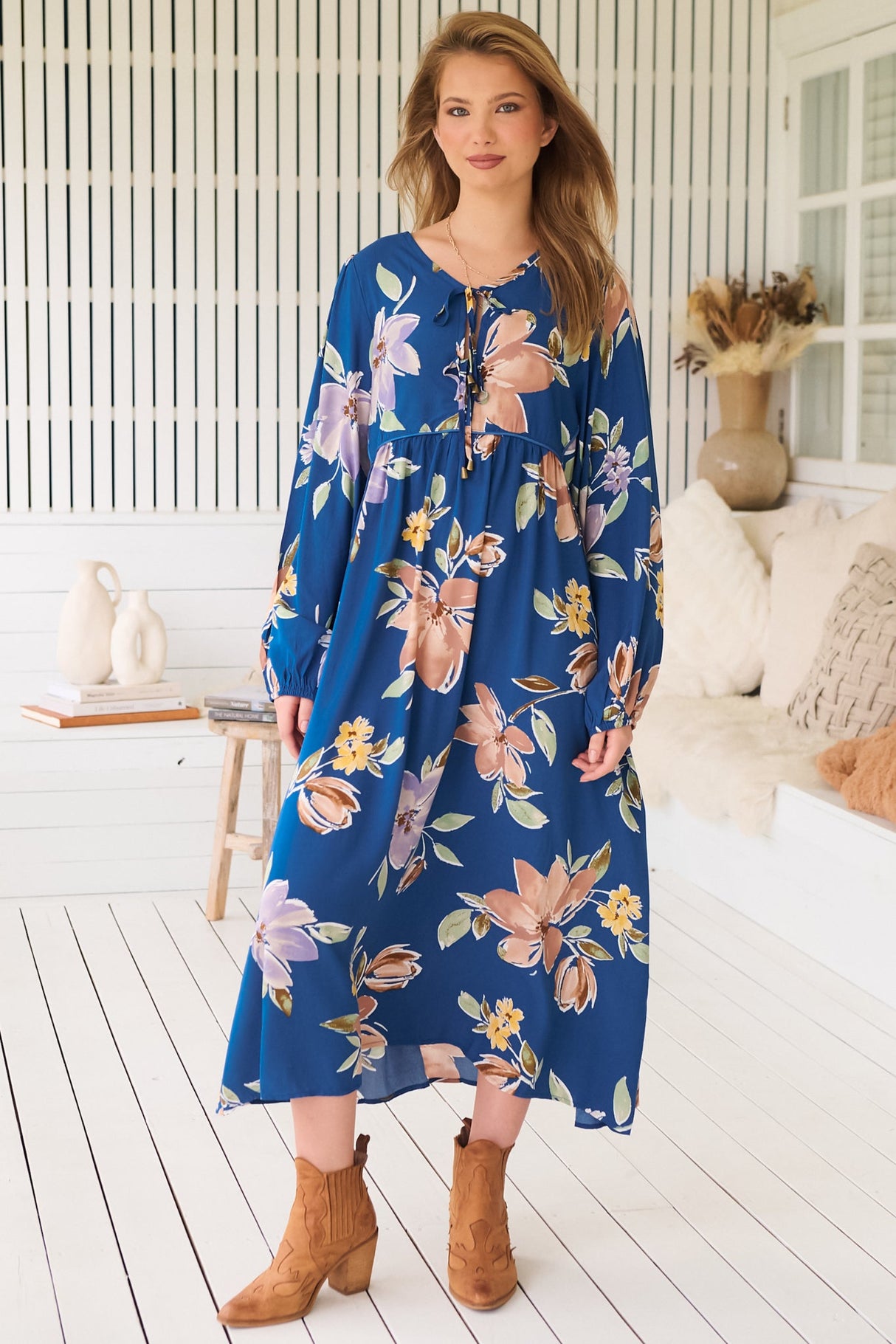 JAASE - Penny Midi Dress: Double Neck Tie Smock Dress in Georgia Blue Print