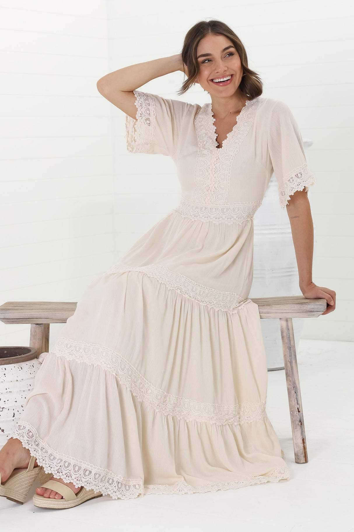 Peony Maxi Dress - Lace Detailed A Line Dress with Flute Sleeves in Cream