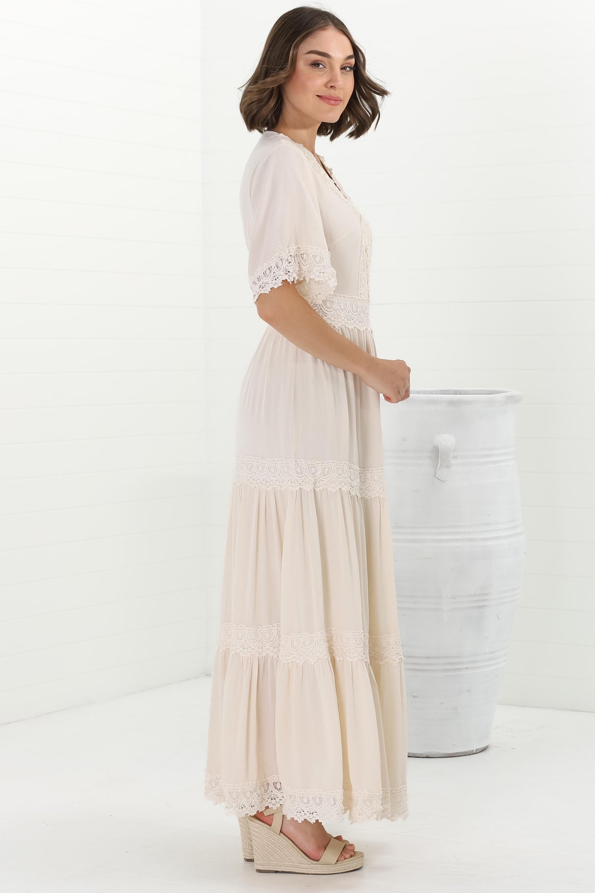 Peony Maxi Dress - Lace Detailed A Line Dress with Flute Sleeves in Cream