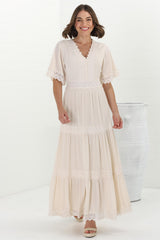 Peony Maxi Dress - Lace Detailed A Line Dress with Flute Sleeves in Cream