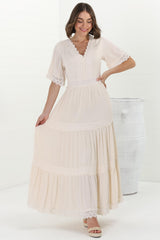 Peony Maxi Dress - Lace Detailed A Line Dress with Flute Sleeves in Cream