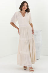 Peony Maxi Dress - Lace Detailed A Line Dress with Flute Sleeves in Cream