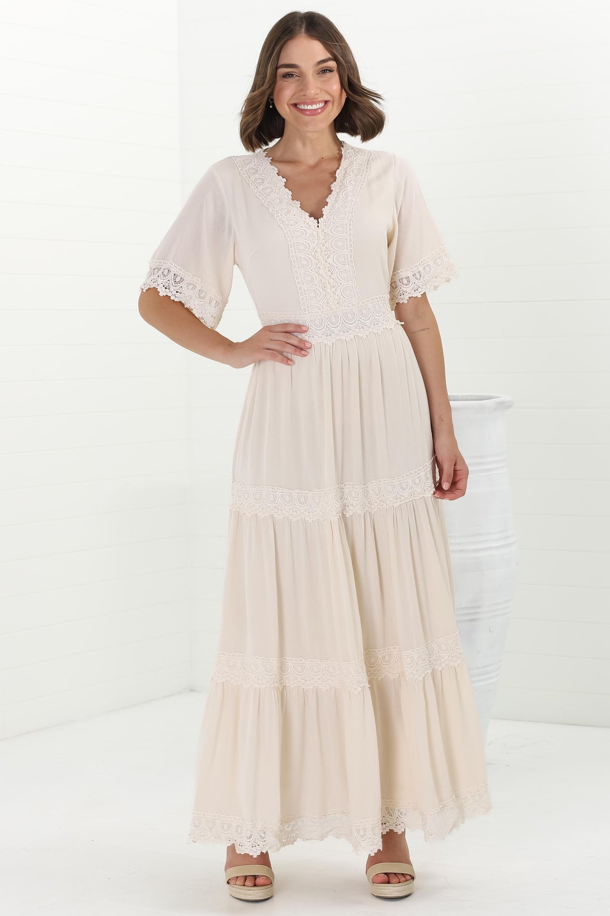 Peony Maxi Dress - Lace Detailed A Line Dress with Flute Sleeves in Cream