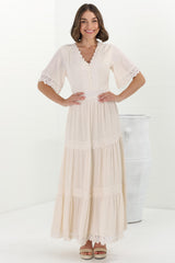 Peony Maxi Dress - Lace Detailed A Line Dress with Flute Sleeves in Cream