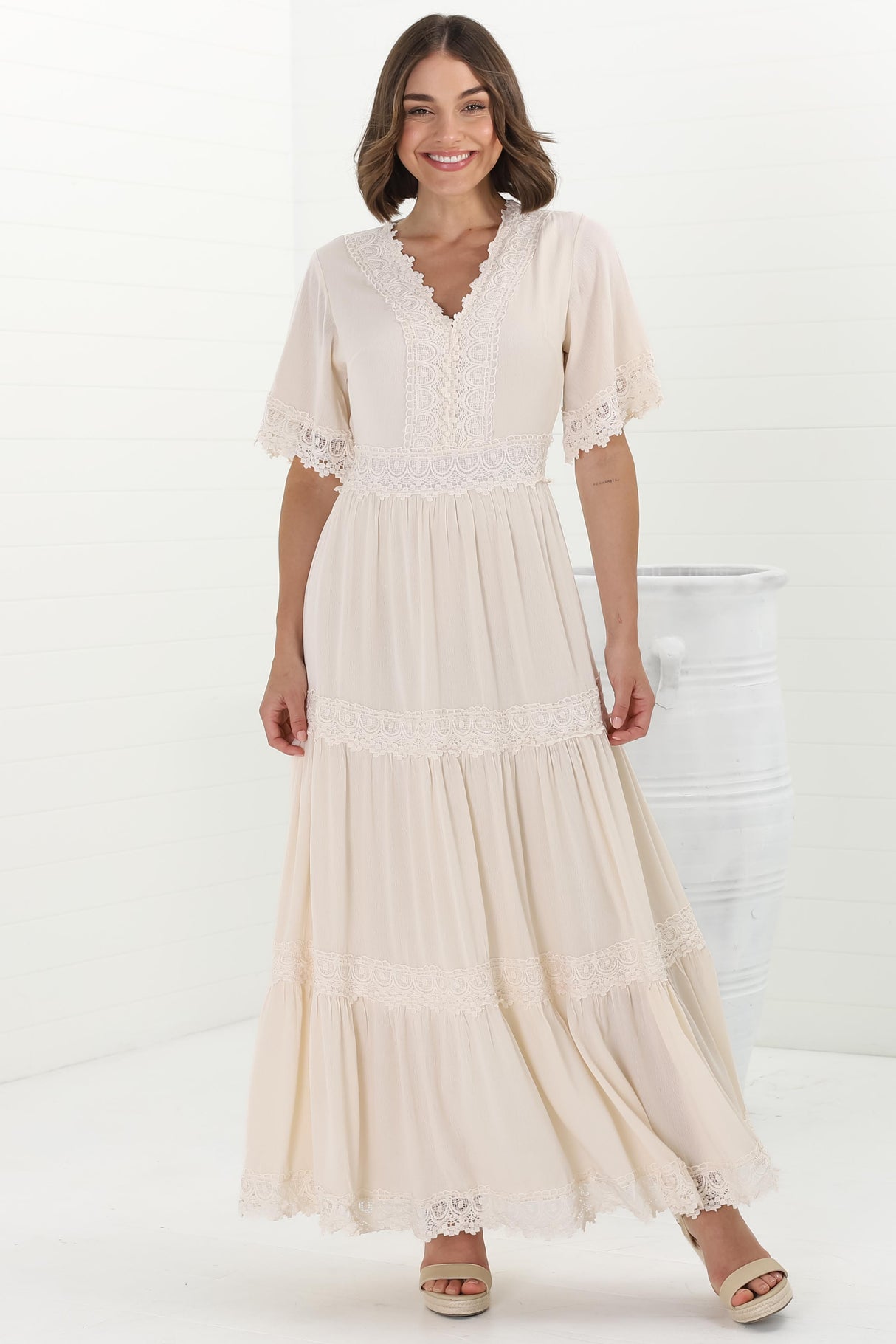 Peony Maxi Dress - Lace Detailed A Line Dress with Flute Sleeves in Cream