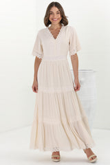 Peony Maxi Dress - Lace Detailed A Line Dress with Flute Sleeves in Cream