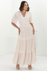 Peony Maxi Dress - Lace Detailed A Line Dress with Flute Sleeves in Cream